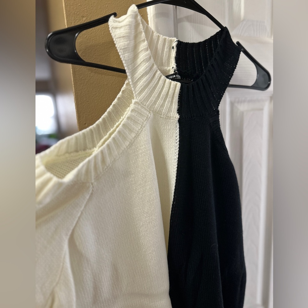 SHEIN Black and White Cold Shoulder Sweater